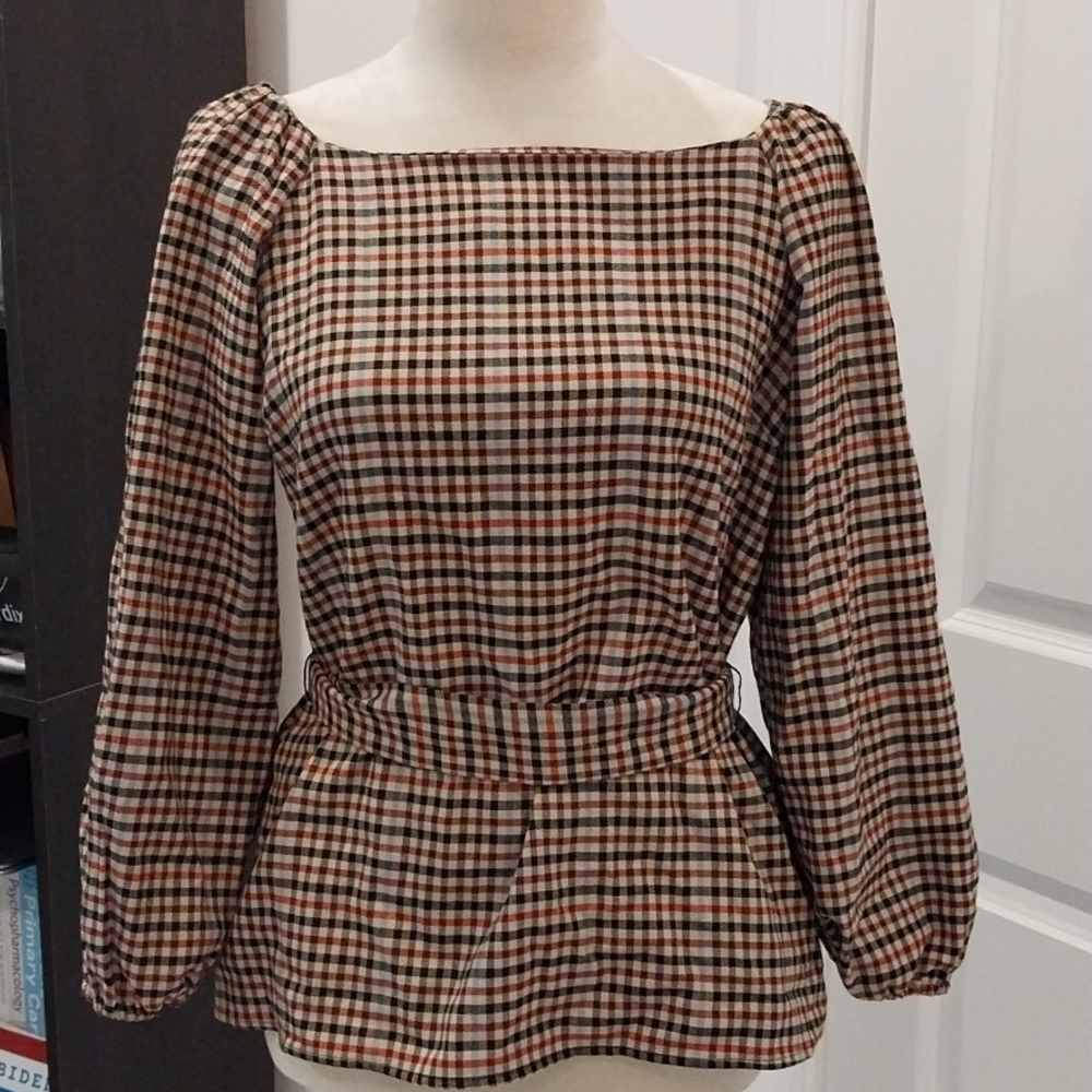 Ann Taylor Brown and Black Gingham Square-Neck Blouse